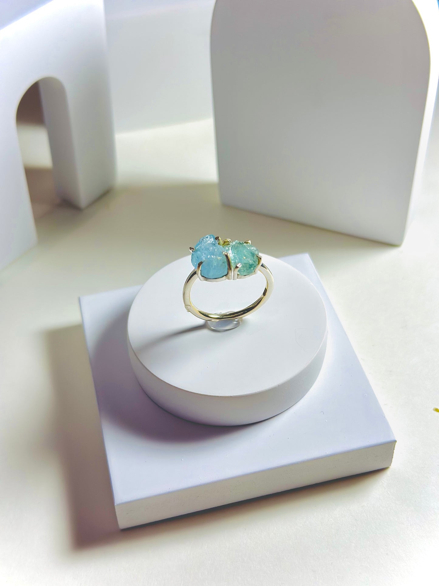 Natural Raw Aquamarine Ring, 14k Solid Gold Ring, March Birthstone, Two Raw Gemstone Ring, Handmade Jewelry, Women Gift, Gift For Her